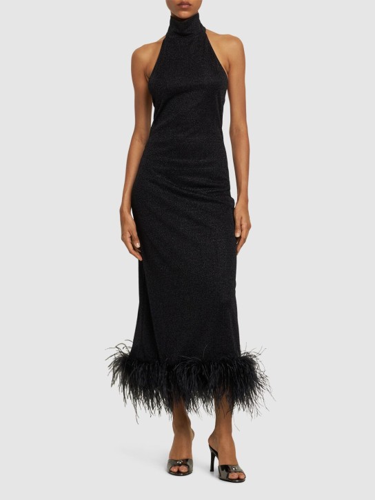 Oséree Swimwear: Lumière lurex long dress w/ feathers - Black - women_1 | Luisa Via Roma