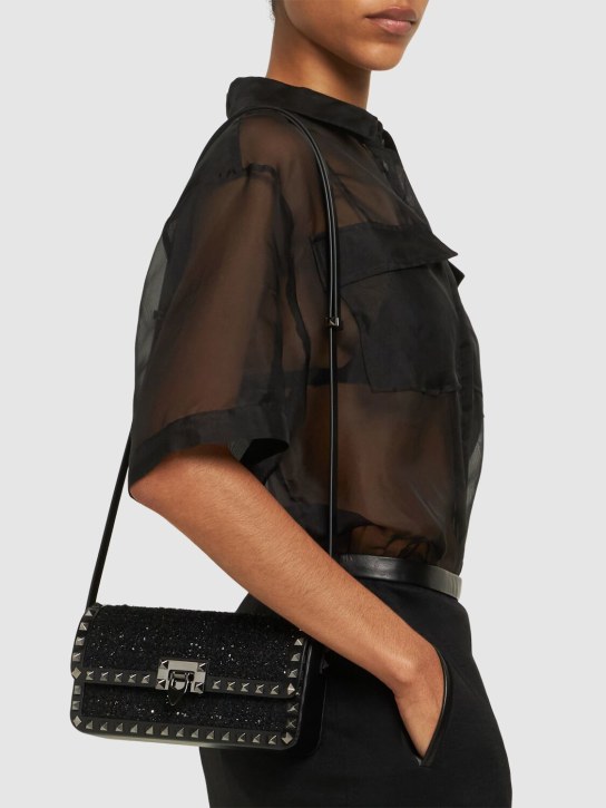 Valentino Garavani: E/W Rockstud bouclé shoulder bag - Black - women_1 | Luisa Via Roma