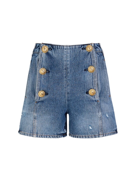Balmain: Shorts de denim con cintura alta - Azul - women_0 | Luisa Via Roma