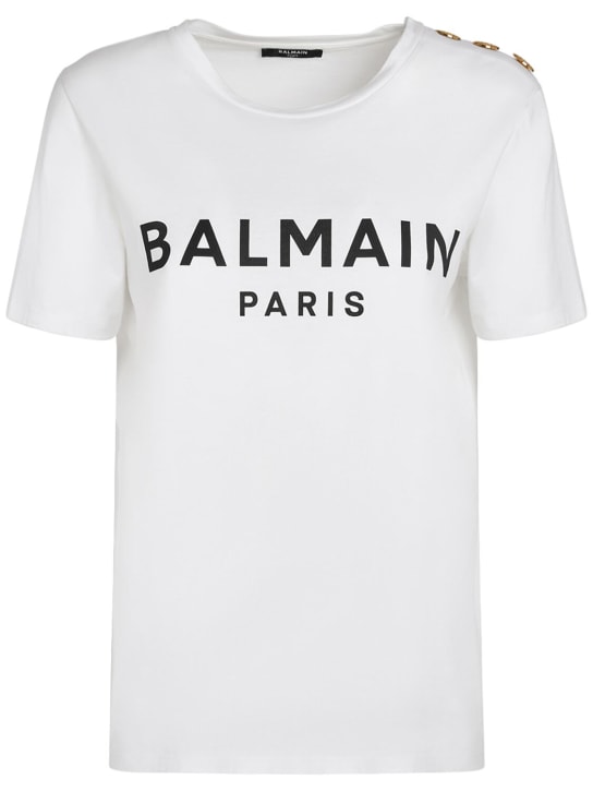 Balmain: Camiseta de algodón con logo estampado - Blanco - women_0 | Luisa Via Roma
