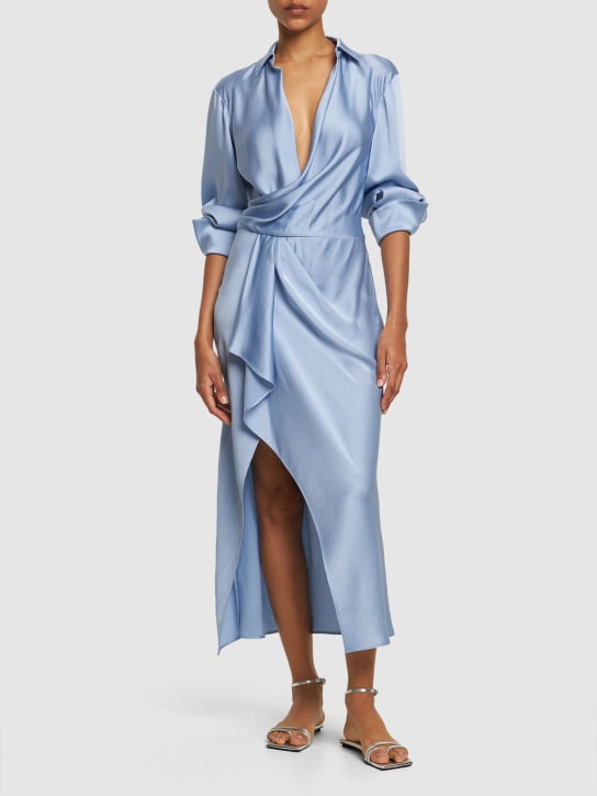 SIMKHAI: Talita draped long sleeve midi dress - Blue - women_1 | Luisa Via Roma