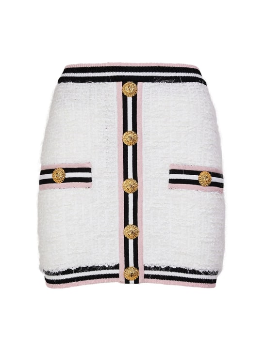 Balmain: Minifalda de algodón con monograma - Blanco/Negro - women_0 | Luisa Via Roma