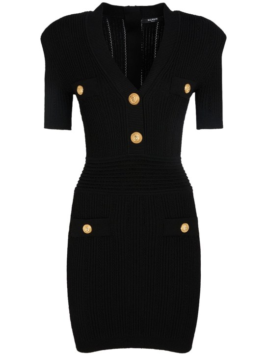 Balmain: Short sleeve v-neck knit mini dress - Black - women_0 | Luisa Via Roma
