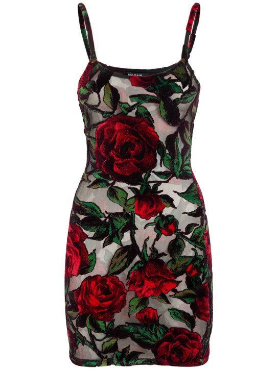 Balmain: Rose print velvet mini dress - Multi/Black - women_0 | Luisa Via Roma