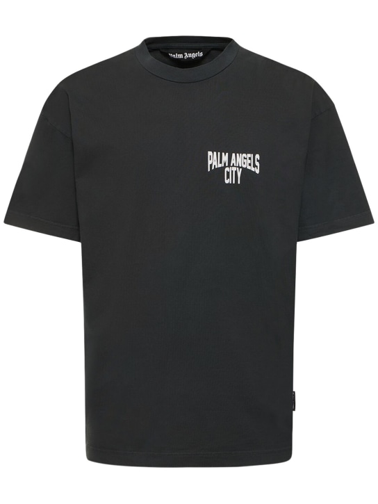 Palm Angels: T-shirt en coton à logo PA City - Gris Foncé - men_0 | Luisa Via Roma