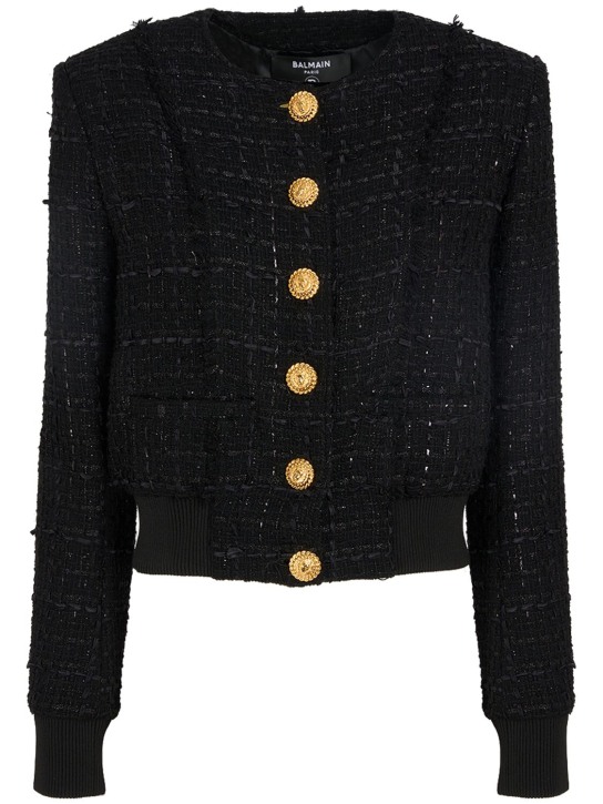 Balmain: Cotton blend tweed jacket - Black - women_0 | Luisa Via Roma