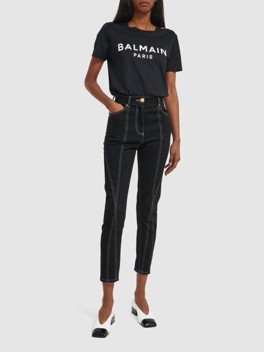Balmain: T-shirt en coton imprimé logo - Noir - women_1 | Luisa Via Roma