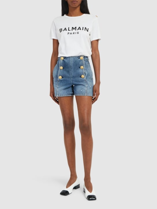 Balmain: T-shirt en coton imprimé logo - Blanc - women_1 | Luisa Via Roma