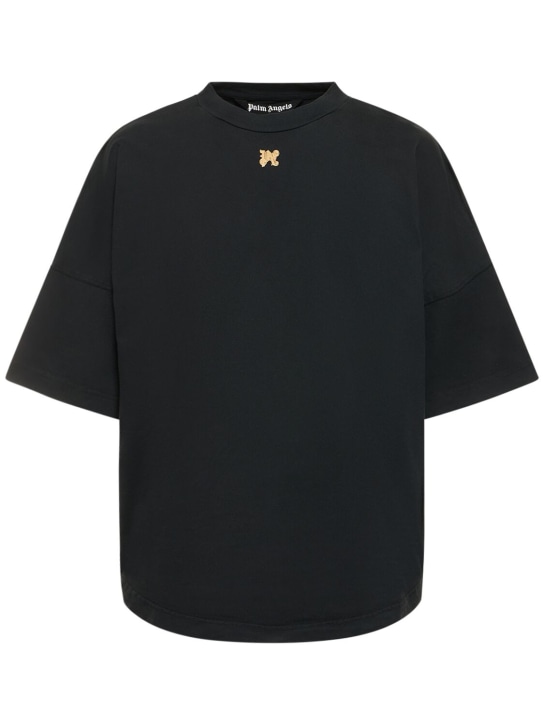 Palm Angels: T-shirt en coton à logo Foggy - Noir - men_0 | Luisa Via Roma