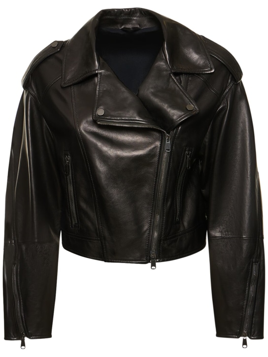 Brunello Cucinelli: Leather biker jacket - Siyah - women_0 | Luisa Via Roma