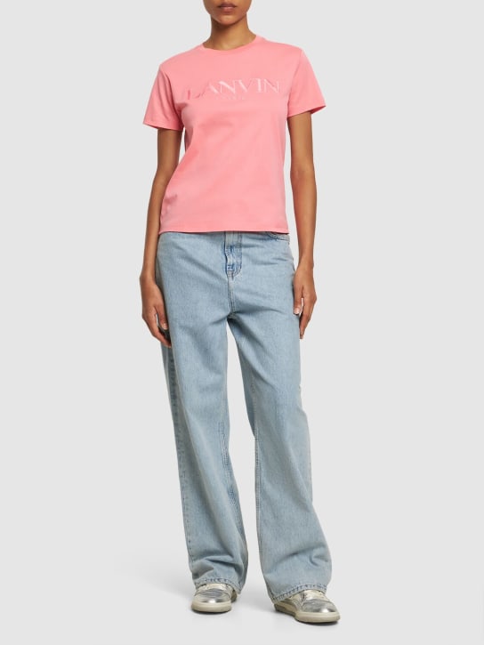 Lanvin: 코튼 자수 로고 크루넥 티셔츠 - 핑크 - women_1 | Luisa Via Roma