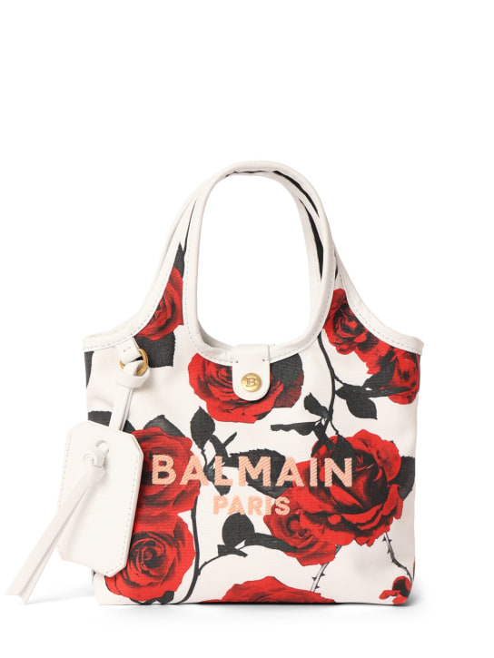 Balmain: Mini B-army printed canvas grocery bag - Blanc/Noir - women_0 | Luisa Via Roma