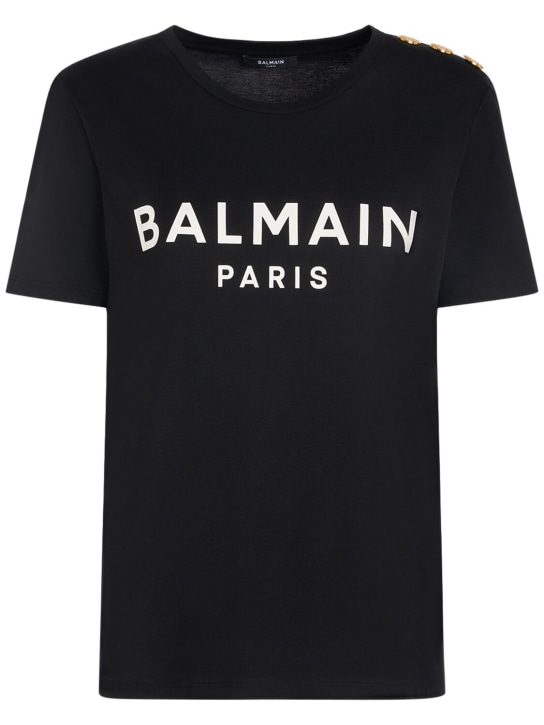 Balmain: T-shirt en coton imprimé logo - Noir - women_0 | Luisa Via Roma