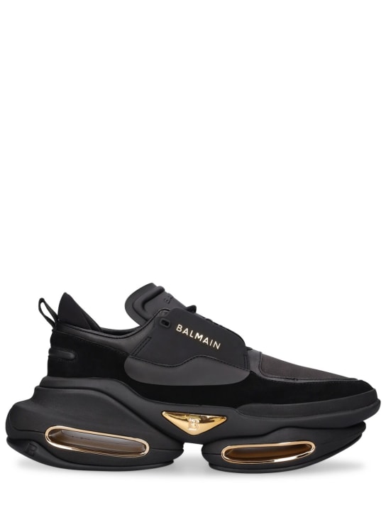 Balmain: B bold low leather & suede sneakers - Black - men_0 | Luisa Via Roma