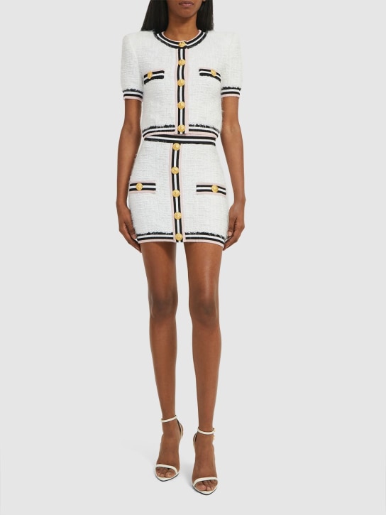 Balmain: Maze monogram cotton blend mini skirt - White/Black - women_1 | Luisa Via Roma