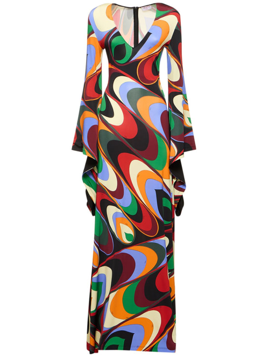 Pucci: 绸缎平纹针织长袖长款连衣裙 - 橙色/绿色 - women_0 | Luisa Via Roma