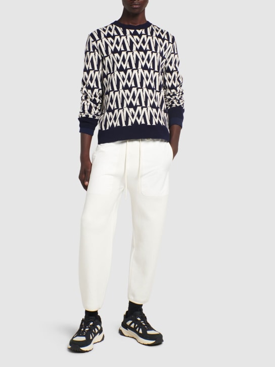 Moncler: Logo pattern cotton blend sweater - Mavi - men_1 | Luisa Via Roma