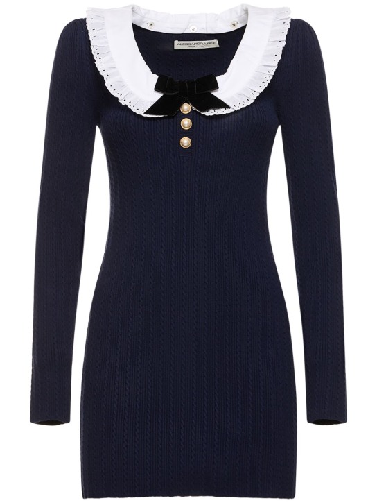 Alessandra Rich: Cotton knit midi dress w/ collar - Navy - women_0 | Luisa Via Roma