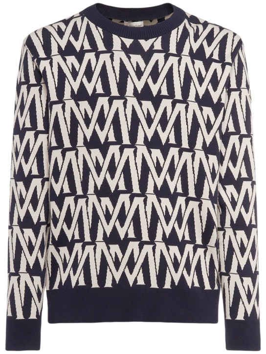 Moncler: Logo pattern cotton blend sweater - Mavi - men_0 | Luisa Via Roma
