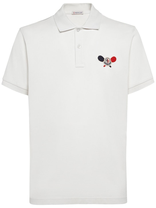 Moncler: Logo patch cotton polo shirt - White - men_0 | Luisa Via Roma