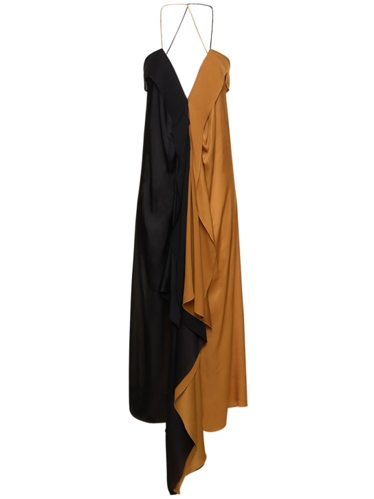 Petar Petrov: Robe longue en satin drapé color-block - Noir/Caramel - women_0 | Luisa Via Roma
