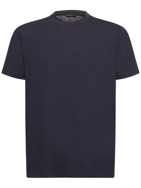 Tom Ford: 리오셀 & 코튼 크루넥 반팔 티셔츠 - 다크 블루 - men_0 | Luisa Via Roma