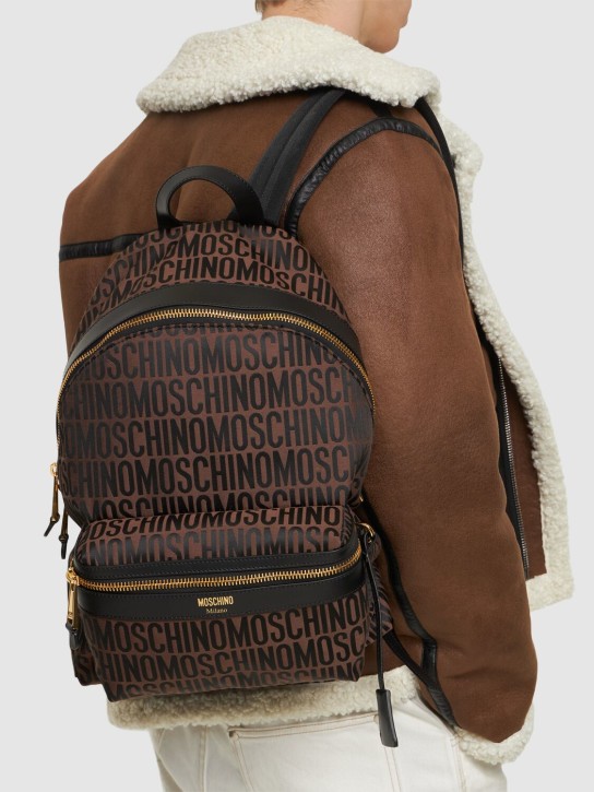 Moschino: Moschino logo nylon jacquard backpack - Kahverengi - men_1 | Luisa Via Roma