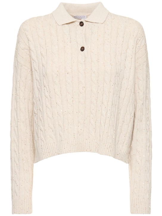 Brunello Cucinelli: Cotton blend cable knit polo sweater - Bej - women_0 | Luisa Via Roma