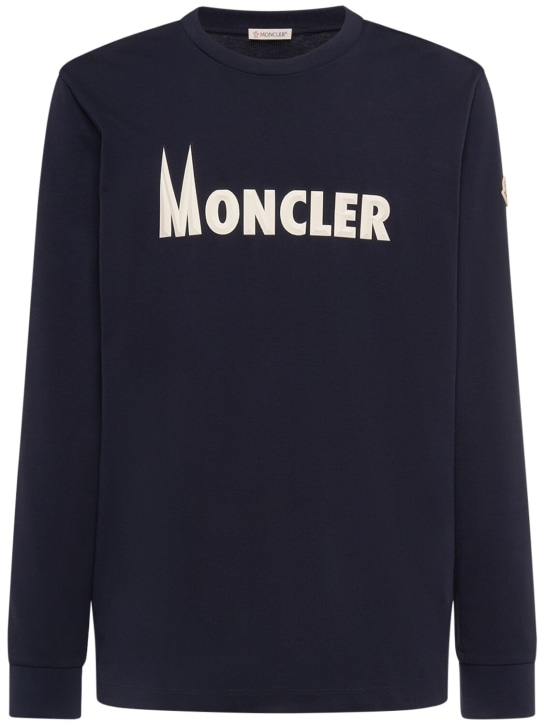 Moncler: Logo cotton jersey crewneck sweatshirt - Mavi - men_0 | Luisa Via Roma