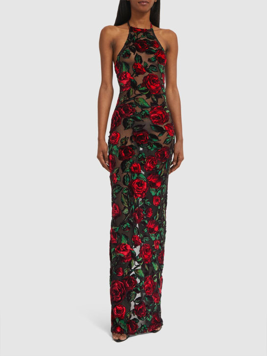 Balmain: Rose velvet halter neck long dress - Multi/Black - women_1 | Luisa Via Roma
