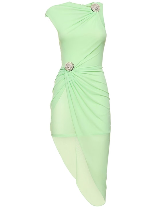David Koma: Ruched mesh mini dress w/ embellishments - Yeşil/Gümüş - women_0 | Luisa Via Roma
