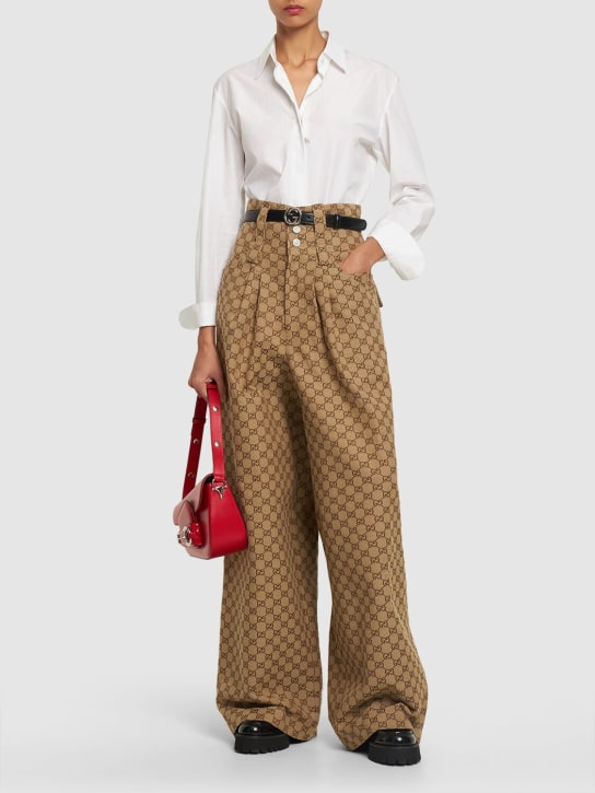 Gucci: Pantaloni in tela di misto cotone GG - Cammello/Ebano - women_1 | Luisa Via Roma