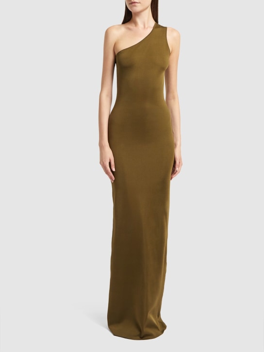 Saint Laurent: One shoulder long silk dress - Vert Mousse - women_1 | Luisa Via Roma