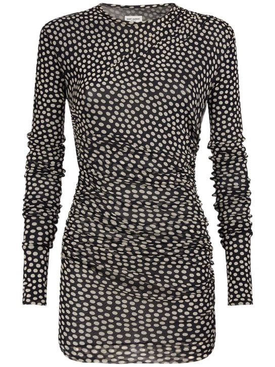 Saint Laurent: Printed draped tech mini dress - Noir Craie - women_0 | Luisa Via Roma