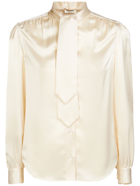 Saint Laurent: Camisa de satén de seda con corbata - Blanco Opaco - women_0 | Luisa Via Roma