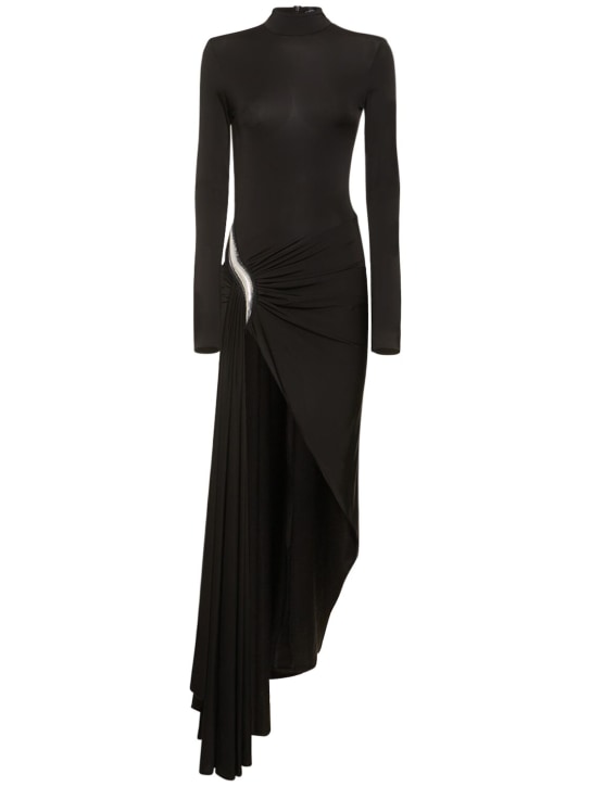 David Koma: Draped shiny fluid jersey long dress - Black - women_0 | Luisa Via Roma