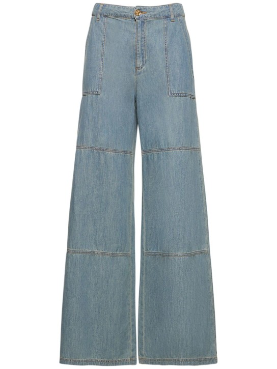Moschino: Pantalon large en batiste de coton - Bleu Clair - women_0 | Luisa Via Roma