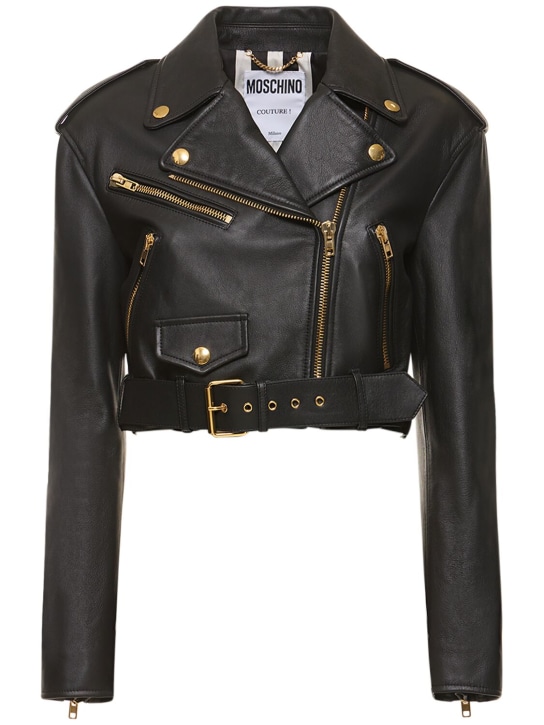 Moschino: Belted leather cropped logo jacket - Black - women_0 | Luisa Via Roma