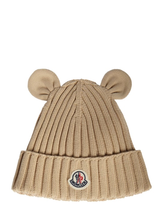 Moncler: Cotton knit beanie hat with ears - Beige - kids-girls_0 | Luisa Via Roma