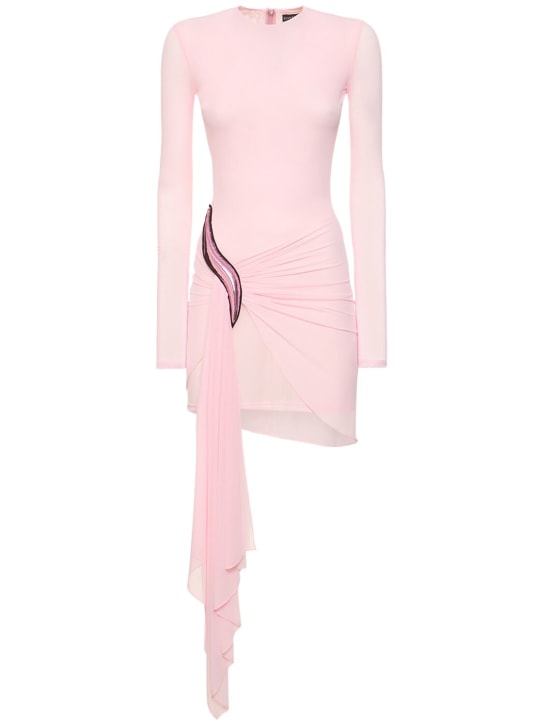 David Koma: Embellished jersey & mesh mini dress - Açık Pembe - women_0 | Luisa Via Roma