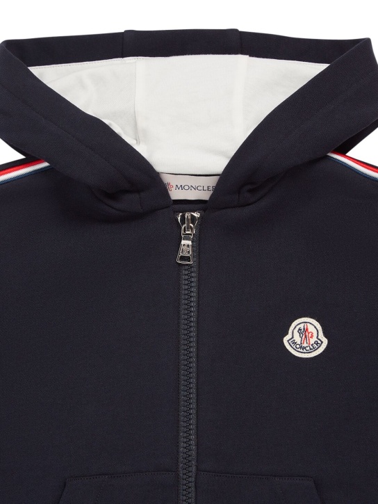 Moncler: Logo patch cotton zip-up hoodie - Blue - kids-boys_1 | Luisa Via Roma