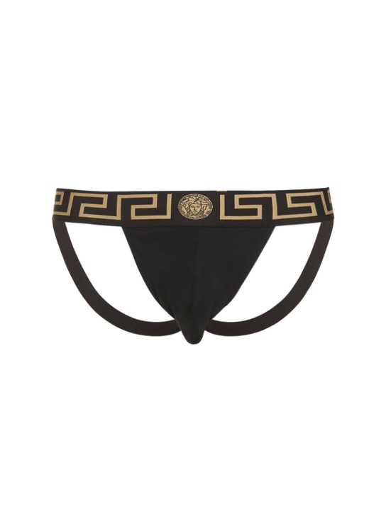 Versace Underwear: Logo弹力平纹针织下体弹力护身 - 黑色/金色 - men_0 | Luisa Via Roma