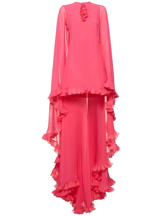 Giambattista Valli: Silk georgette l/s mini dress w/ cape - Fuşya - women_0 | Luisa Via Roma