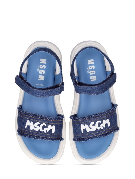 MSGM: Logo cotton denim strap sandals - Mavi - kids-girls_1 | Luisa Via Roma