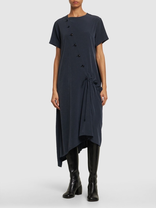 Yohji Yamamoto: Asymmetric buttoned crepe de chine dress - Dark Blue - women_1 | Luisa Via Roma
