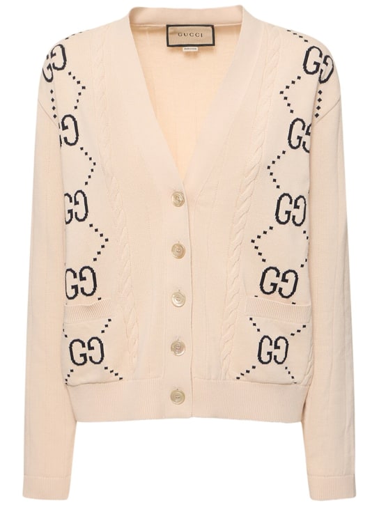 Gucci: Cardigan en coton intarsia GG - Ivoire/Bleu - women_0 | Luisa Via Roma