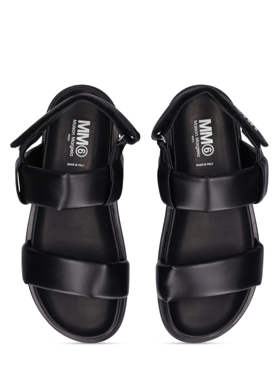 MM6 Maison Margiela: Logo print faux leather strap sandals - Siyah - kids-girls_1 | Luisa Via Roma