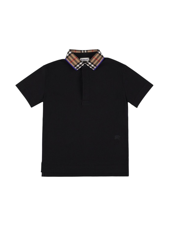 Burberry: Cotton piqué polo shirt w/ Check collar - Black - kids-boys_0 | Luisa Via Roma