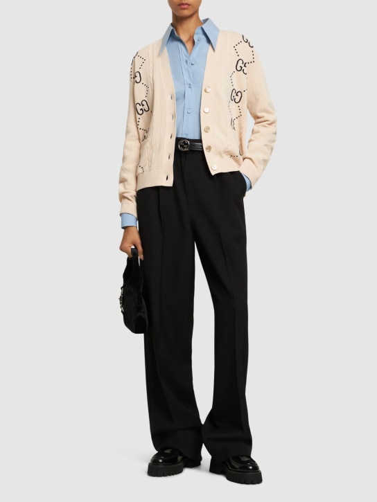 Gucci: Cardigan en coton intarsia GG - Ivoire/Bleu - women_1 | Luisa Via Roma