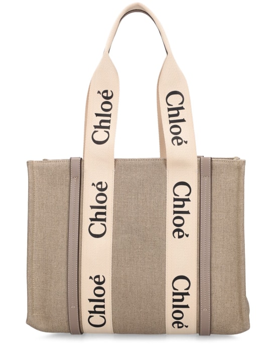 Chloé: Medium Woody canvas tote bag - Beige/Grey - women_0 | Luisa Via Roma